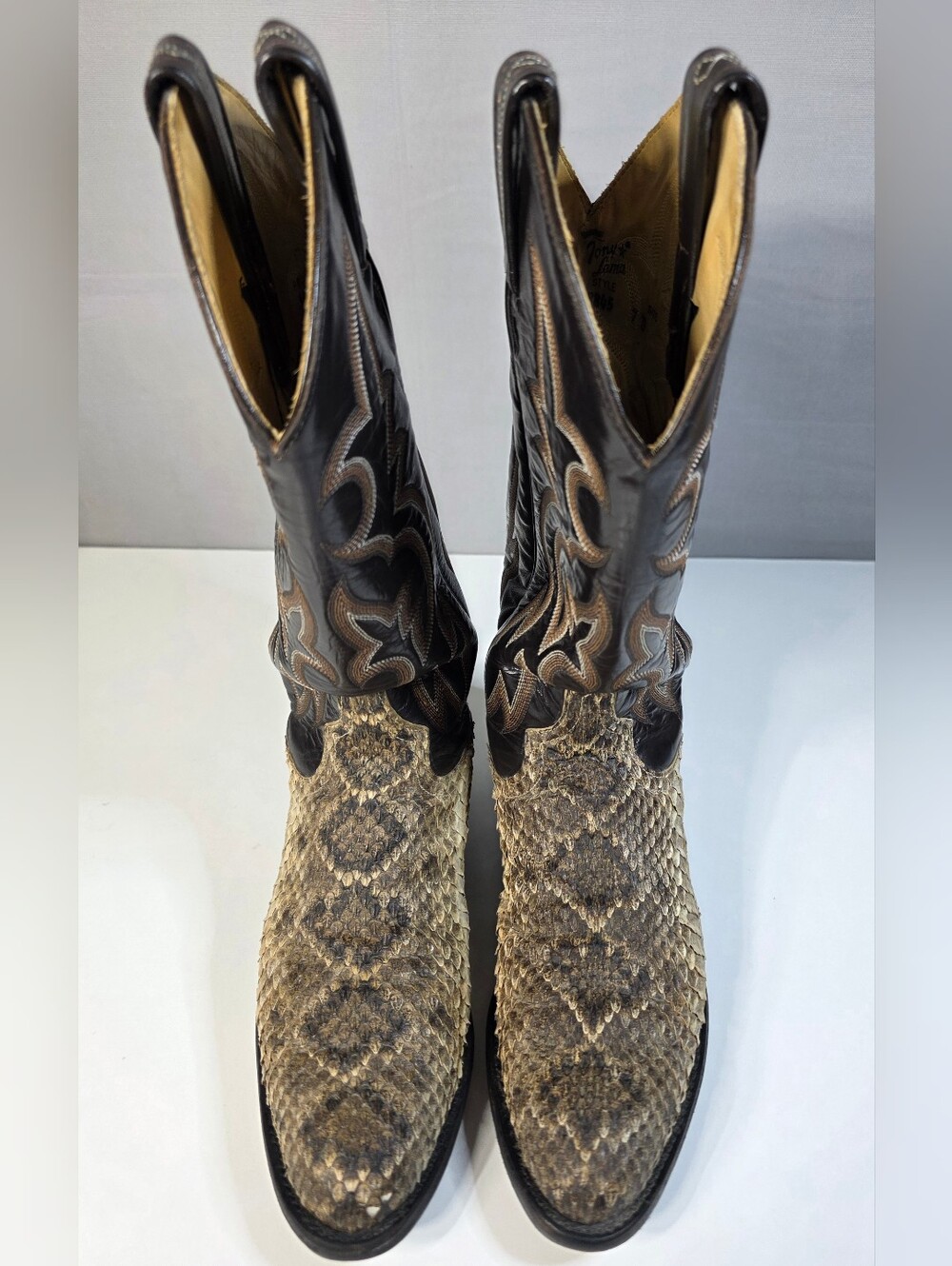 Tony Lama Vintage Cowboy Boots with Eastern Diamondback Rattlesnake Vamp Size 7D